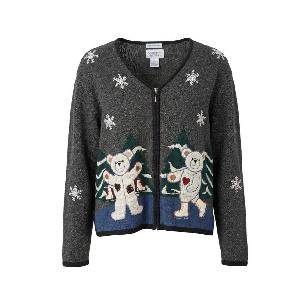 Christopher & Banks Embroidered Gray Teddy Bear Zip-Front Jacket